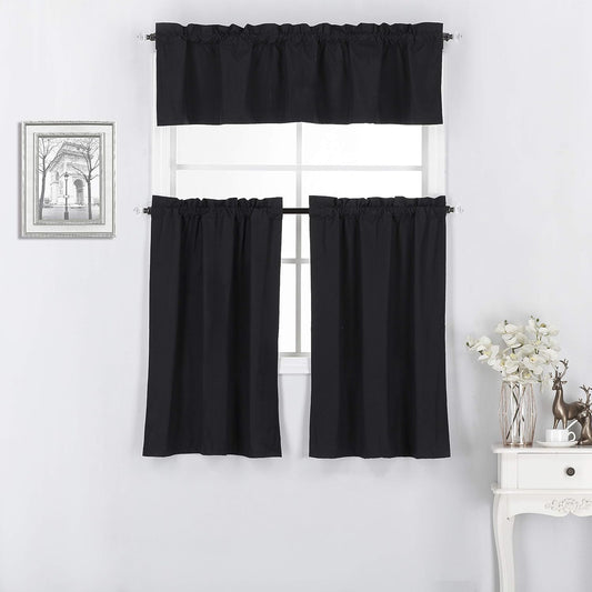 3 Piece 100% Blackout Lined Thermal Kitchen Window Treatment Curtain Tiers and Valance Set (36" Tiers & 14" Valance, Black)